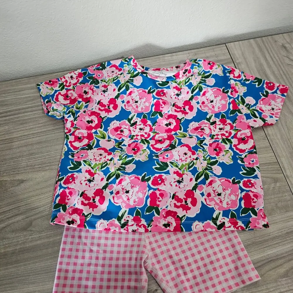SweetHoney Active Set Pink Blue Floral top Pink Plaid Check Gym Shorts Girls 10Y